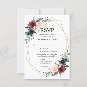 Burgundy Navy Blush Floral Gold Geometric Wedding RSVP Karte