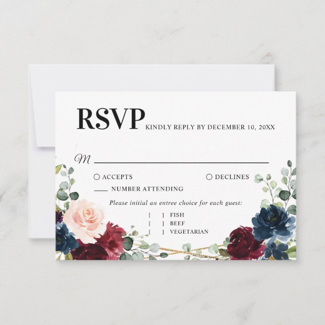 Burgundy Navy Blush Floral Gold Geometric Wedding RSVP Karte (Vorderseite)