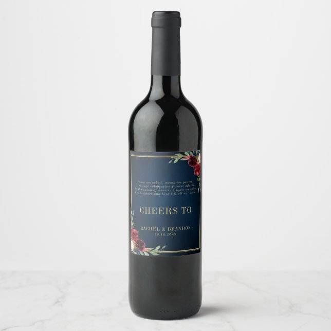 Burgundy Navy Blush Floral Gold Geometric Wedding Weinetikett (Vorderseite)
