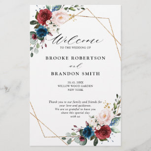 Burgundy Navy Blush Floral Gold Wedding Programme