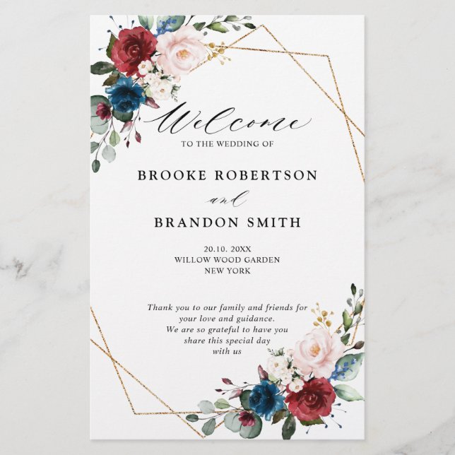 Burgundy Navy Blush Floral Gold Wedding Programme (Devant)