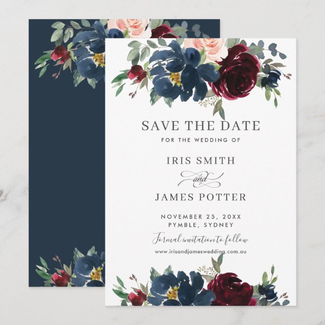 Burgundy Navy Blush Floral Hochzeit Speichern Sie  Einladung (Vorne/Hinten)
