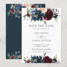 Burgundy Navy Blush Floral Hochzeit Speichern Sie 