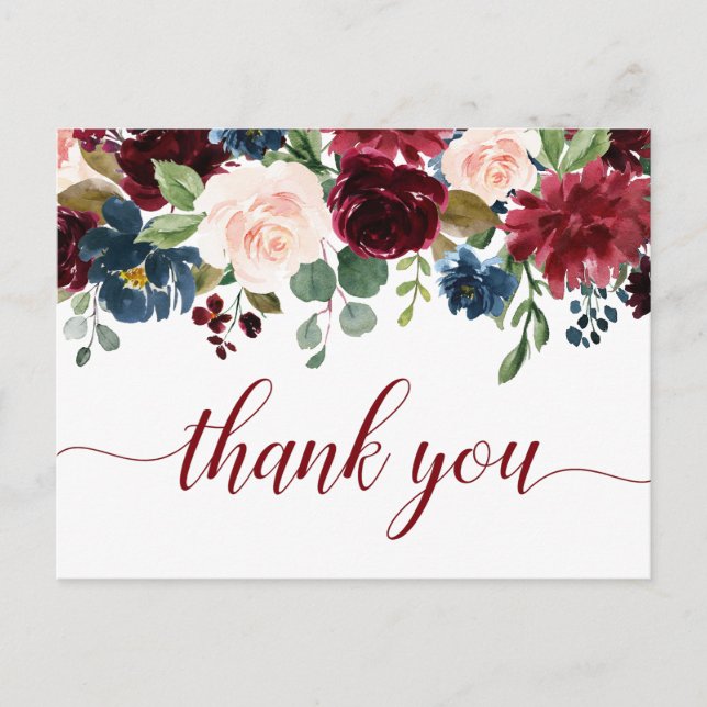 Burgundy Navy Blush Floral Vielen Dank Postkarte (Vorderseite)