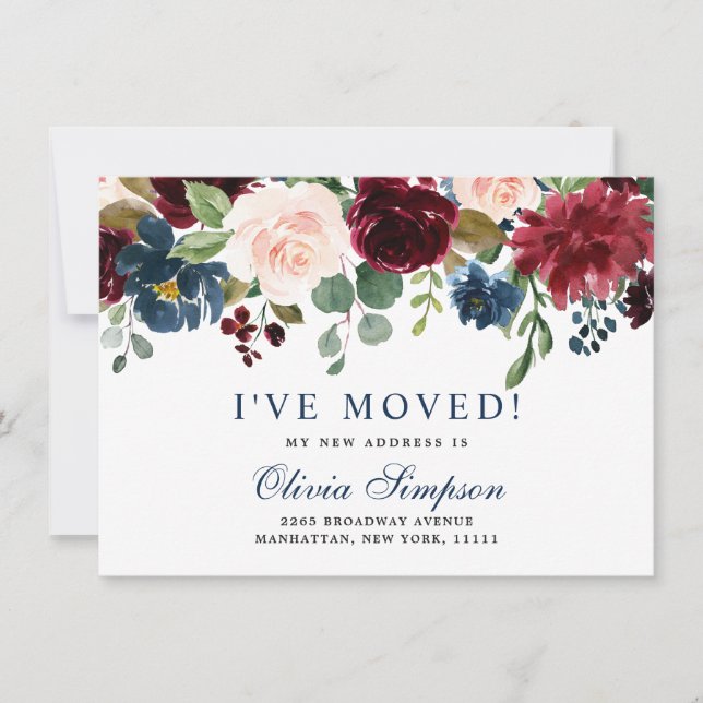 Burgundy Navy Blush Floral Wasserfarbe Bewegung Ankündigung (Vorderseite)