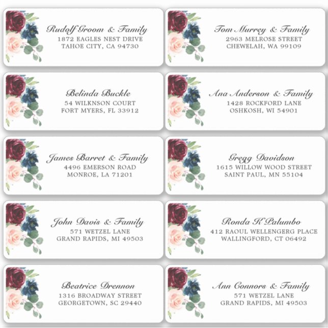 Burgundy Navy Blush Floral Wedding Guest Address Aufkleber (Vorderseite)