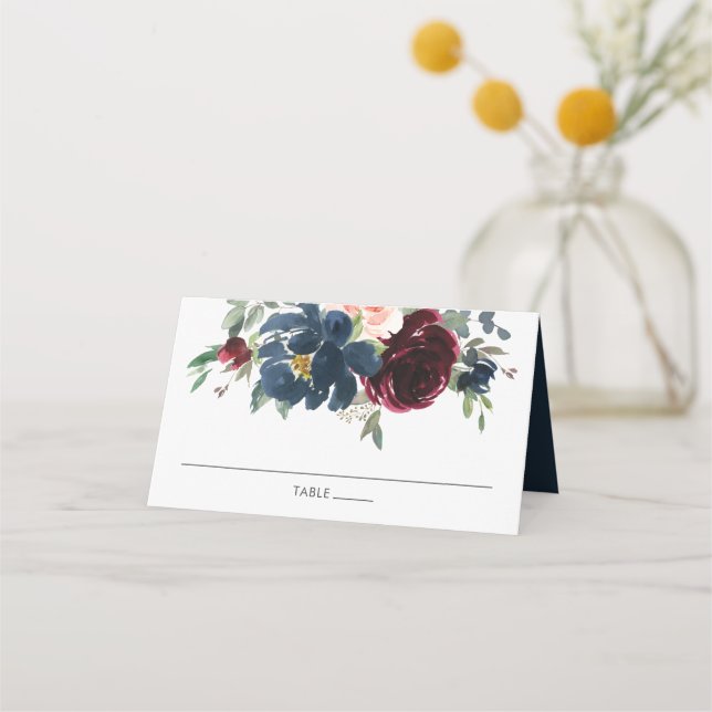 Burgundy Navy Blush Floral Wedname Platzkarte (Vorderseite)