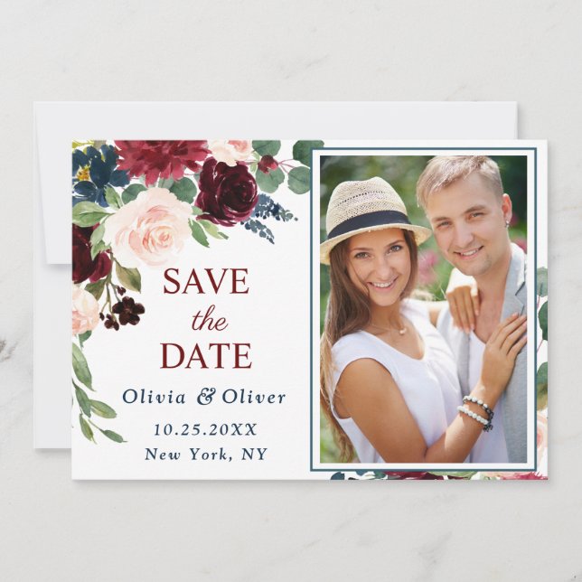 Burgundy Navy Blush FOTO Blumenhochzeit Save The Date (Vorderseite)