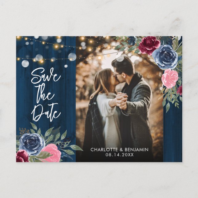 Burgundy Navy Blush Foto Save the Date Postkarte (Vorderseite)