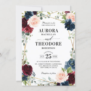 Burgundy Navy Blush Gold Geometric QR Code Wedding Einladung