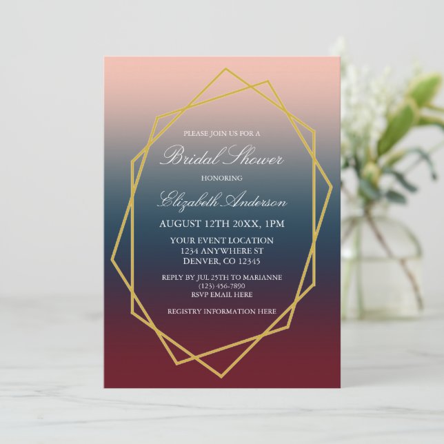 Burgundy Navy Blush Ombre Geometric Brautparty Einladung (Stehend Vorderseite)