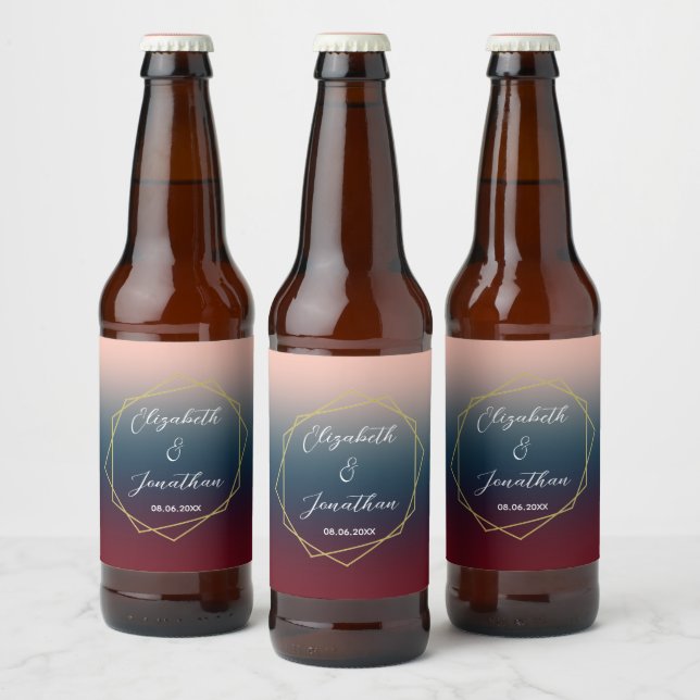 Burgundy Navy Blush Ombre Geometric Wedding Bierflaschenetikett (Flaschen)