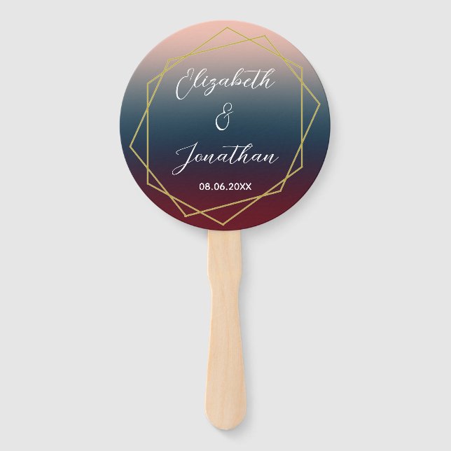 Burgundy Navy Blush Ombre Geometric Wedding Fächer (Vorderseite)