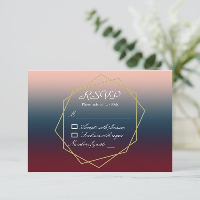 Burgundy Navy Blush Ombre Geometric Wedding RSVP Karte (Stehend Vorderseite)