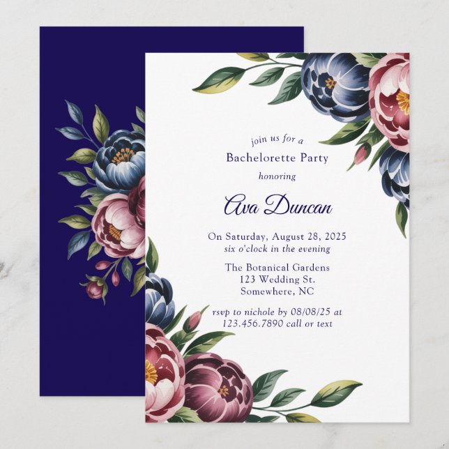 Burgundy Navy Blush Peony Bachelorette Party Einladung (Vorne/Hinten)