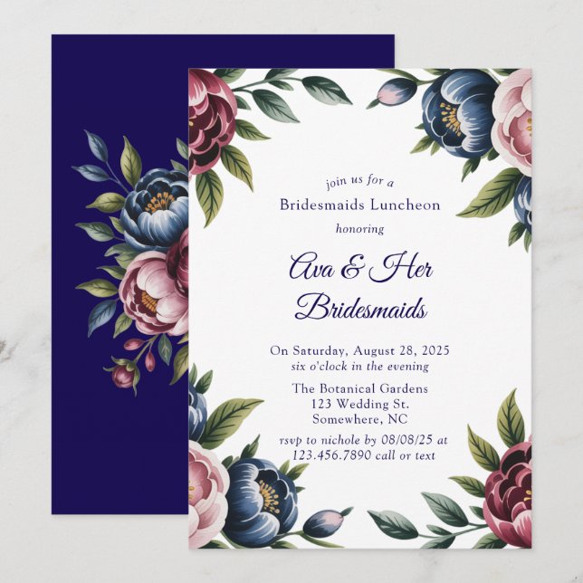 Burgundy Navy Blush Peony Bridesmaids Luncheon Einladung (Vorne/Hinten)