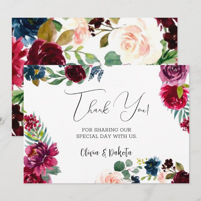 Burgundy Navy Blush Peony Mariage Merci Cartes (Devant / Derrière)