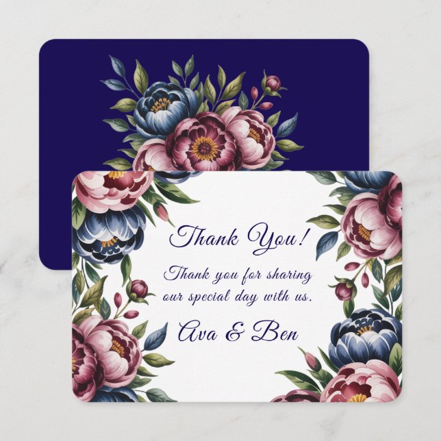 Burgundy Navy Blush Peony Wedding Dankeskarte (Vorne/Hinten)