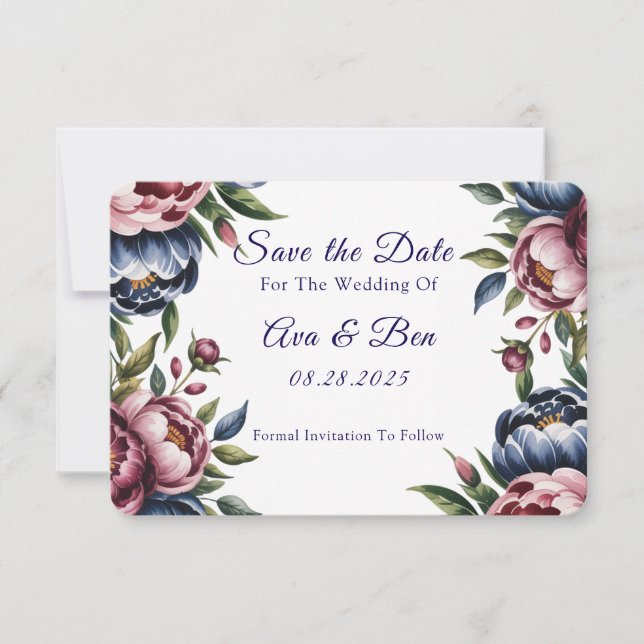 Burgundy Navy Blush Peony Wedding Save The Date (Vorderseite)