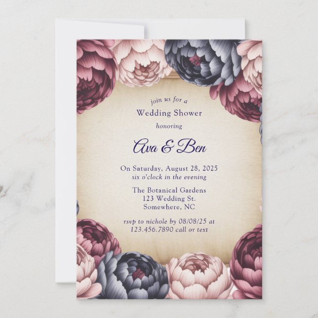 Burgundy Navy Blush Peony Wedding Shower Einladung (Vorderseite)
