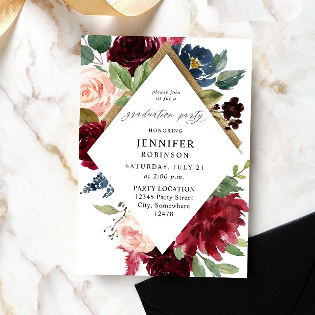 Burgundy Navy & Blush Pink Floral Graduation Party Einladung (Von Creator hochgeladen)