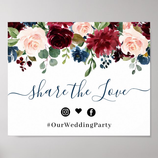 Burgundy Navy Blush Teilen Sie die Liebe Hochzeit Poster (Vorne)