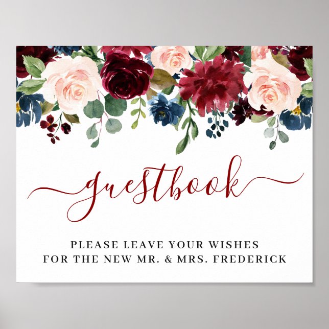 Burgundy Navy Blush Wedding Sign Unser Gästebuch (Vorne)