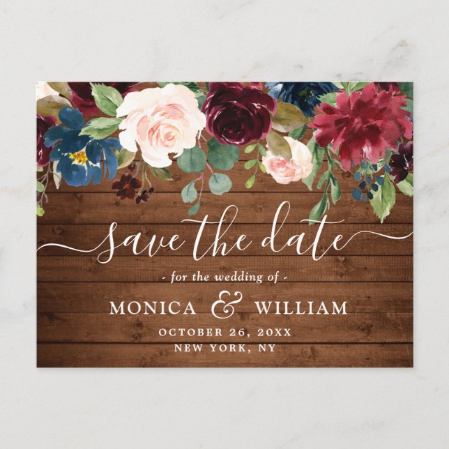 Burgundy Navy Blush Wedding speichern das Datum Ankündigungspostkarte (Vorderseite)