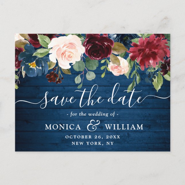 Burgundy Navy Blush Wedding speichern das Datum Ankündigungspostkarte (Vorderseite)
