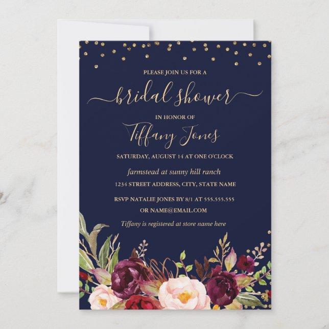 Burgundy Navy Confetti Floral Gold Brautparty Einladung (Vorderseite)