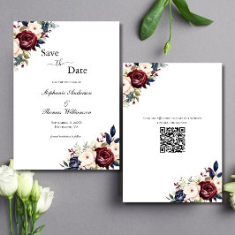 Burgundy Navy Cream Floral Eleganter moderner QR-C Save The Date