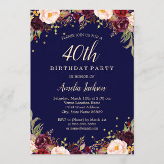 Burgundy Navy Elegant Floral 40. Geburtstag Party Einladung