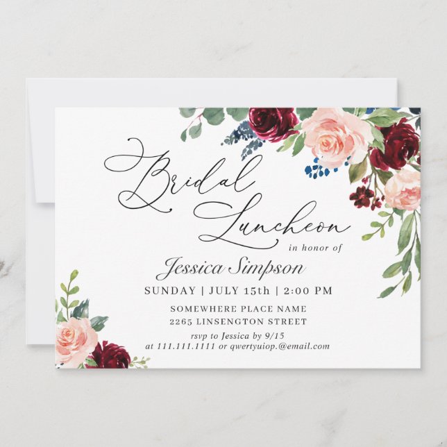 Burgundy Navy Eucalyptus Roses Bridal Luncheon Einladung (Vorderseite)