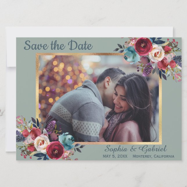 Burgundy Navy Floral auf grünem Foto Save the Date (Vorderseite)