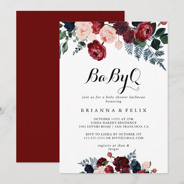 Burgundy Navy Floral BabyQ Baby Shower Barbecue Einladung (Vorne/Hinten)