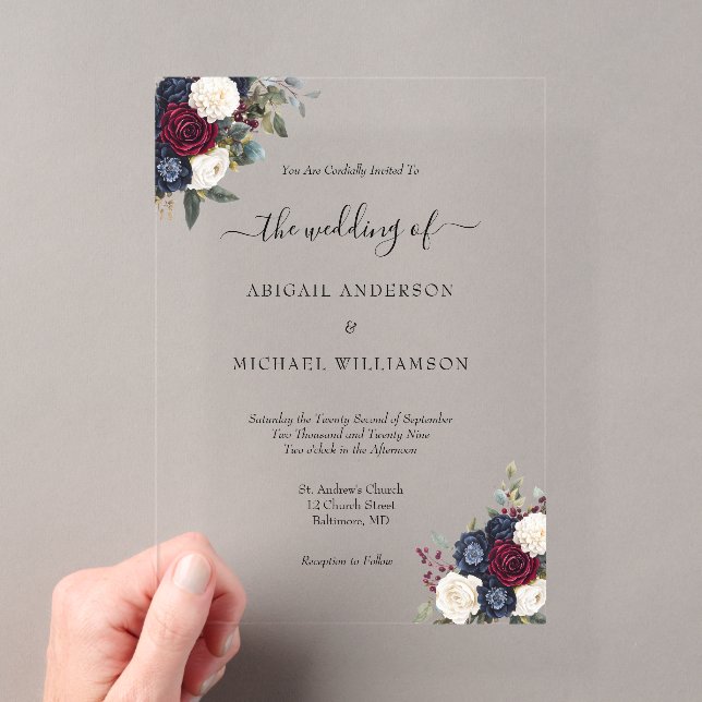 Burgundy Navy Floral Elegant Formal Script Hochzei Acryleinladungen (Insitu (Handheld))