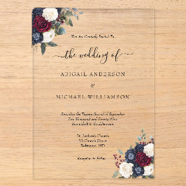 Burgundy Navy Floral Elegant Formal Script Hochzei Acryleinladungen