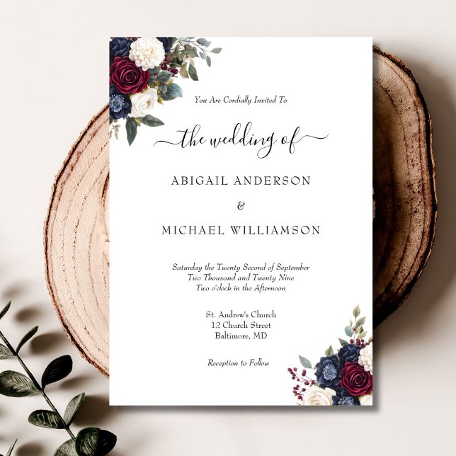Burgundy Navy Floral Elegant Formal Script Hochzei Einladung (Burgundy Navy Floral Elegant Traditional Script font Wedding Invitation)