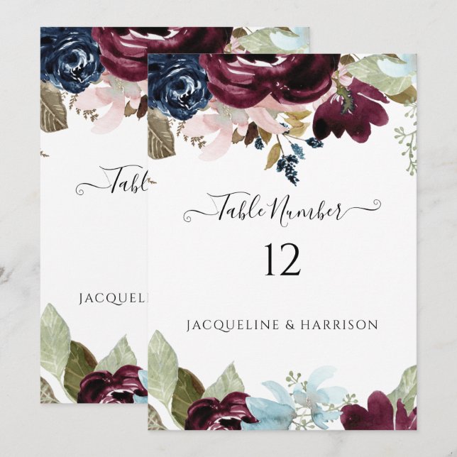 Burgundy Navy Floral Elegante Foliage Tischnummer (Vorne/Hinten)