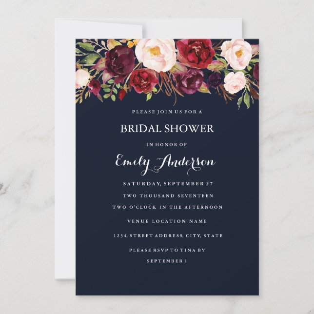 Burgundy Navy Floral Fall Brautparty Card Einladung (Vorderseite)