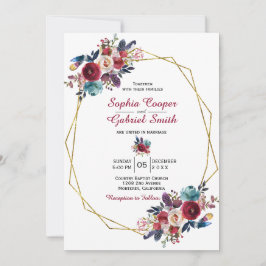 Burgundy Navy Floral Gold Frame Wedding Einladung