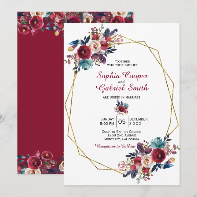 Burgundy Navy Floral Gold Frame Wedding Einladung (Vorne/Hinten)