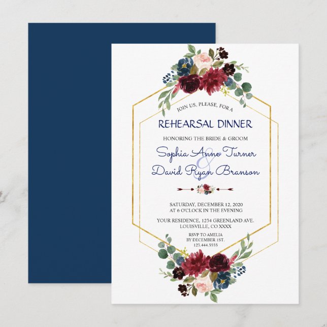 Burgundy Navy Floral Gold Hexagon Probe Dinner Einladung (Vorne/Hinten)