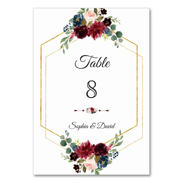 Burgundy Navy Floral Gold Hexagon Rahmen Wedding Tischnummer (Vorderseite)