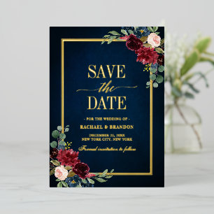 Burgundy Navy Floral Gold Rahmen Save the Date Folieneinladung