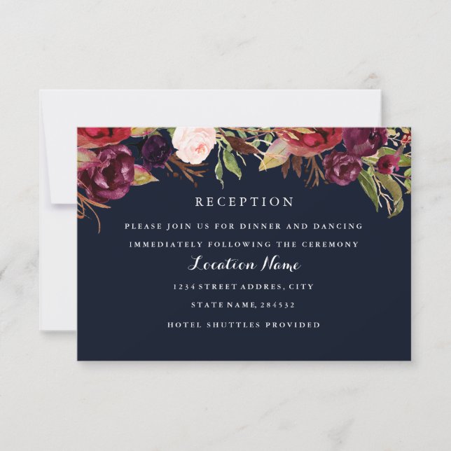 Burgundy Navy Floral Hochzeit im Herbst Empfang Ca Einladung (Vorderseite)