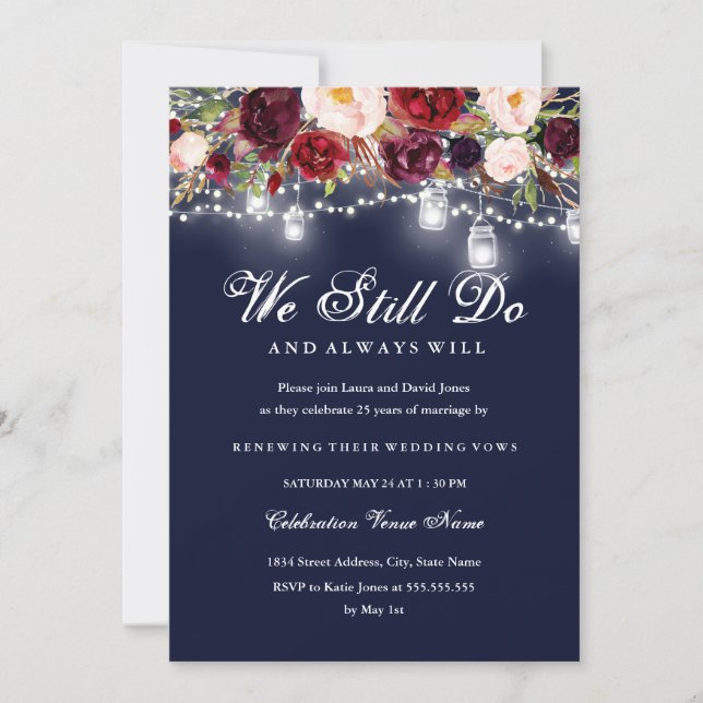 Burgundy Navy Floral Lights Wedding Vow Erneuerung Einladung (Vorderseite)