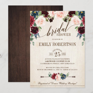 Burgundy Navy Floral Rustic Boho Brautparty Einladung