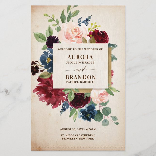 Burgundy Navy Floral Rustic Boho Wedding Programme (Devant)