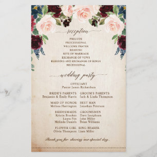 Burgundy Navy Floral Rustic Boho Wedding Programme